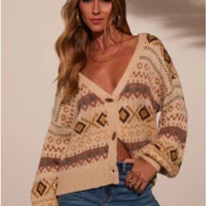 Vici Dream Maker Abstract Knit Cardigan - Beige Multi